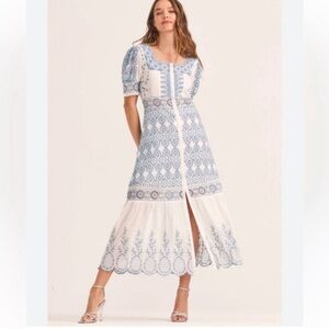 LoveShackFancy Women's Ivory Blue Embroidered Helena Midi Dress Size 2